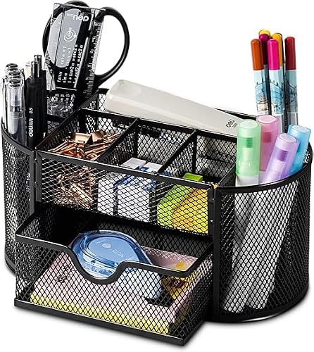 Deli Mesh Desk Organiser 220mm x 112mm x 104mm in Black | Mesh Design, Desktop Storage, Office Use, Compact Size