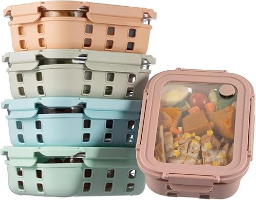 GENICOOK Recipientes de vidrio para almacenamiento de alimentos de 4.4 tazas, paquete de 5, recipientes herméticos para preparación de comidas con