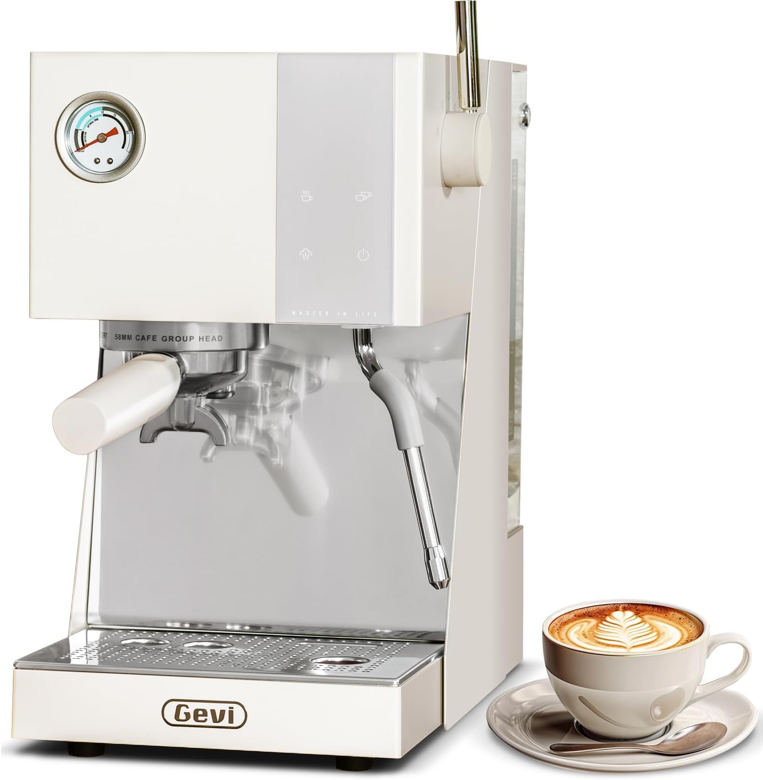Espresso Machine with OPV, 20Bar Espresso Maker with Milk Frother Steam Wand, Dual Display, 58mm Portafilter, Stainless Steel Espresso Machines for Espresso/Latte/Cappuccino, White