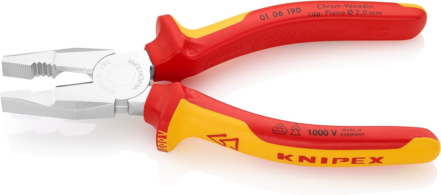 KNIPEX Alicate universal cromo vanadio cromado aislados con fundas multicomponentes, según norma VDE 190 mm, 01 06 190