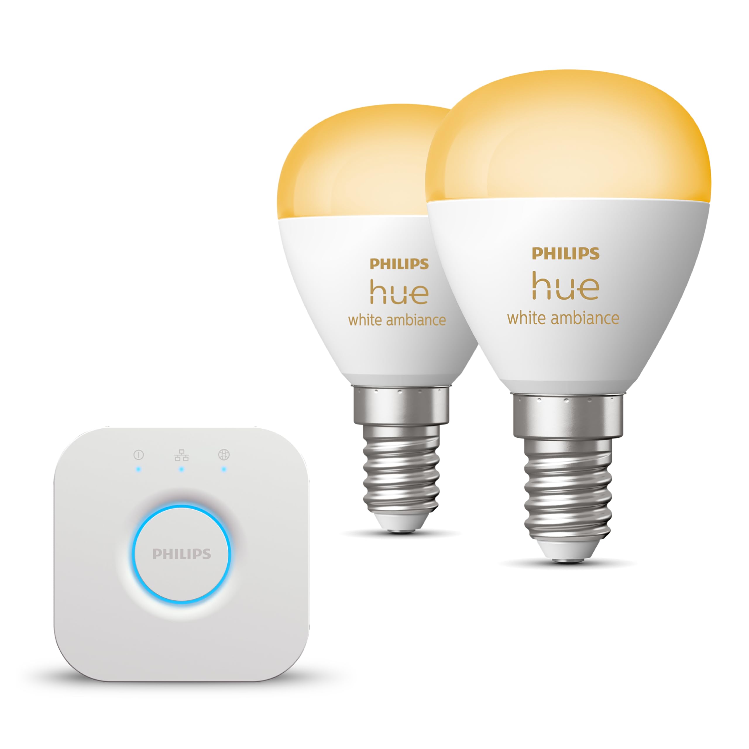 Philips Hue Starterpaket - E14 - mit 2 Kugel LED Lampen - Warm bis Kaltweißes Licht - inkl. 1 Hue Bridge - Hue White Ambiance