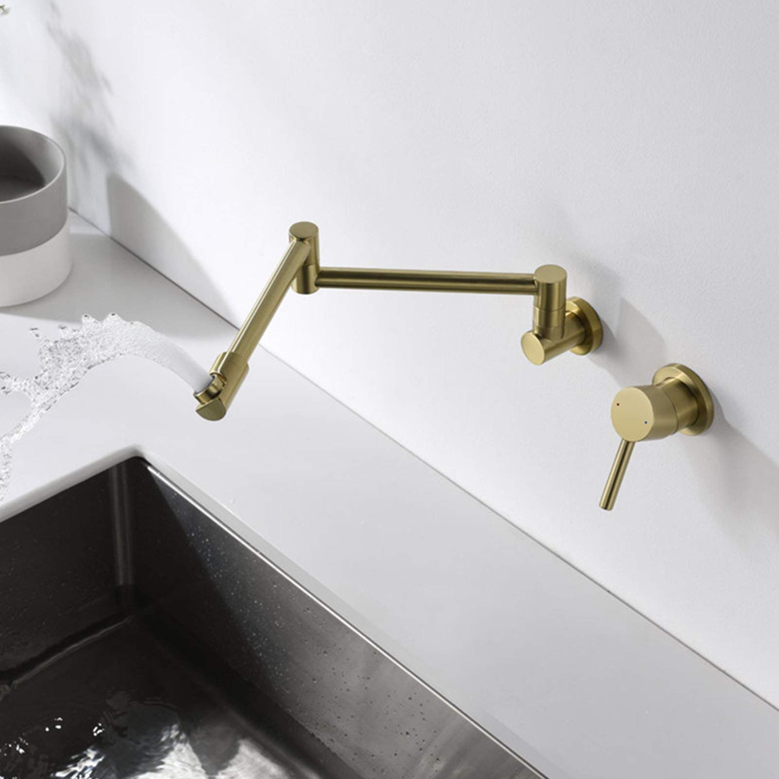 Rubinetto di riempimento per vaso a parete, design a doppio giunto snodato, rubinetto per lavello da cucina in ottone, miscelatore a due fori con maniglia singola, oro spazzolato