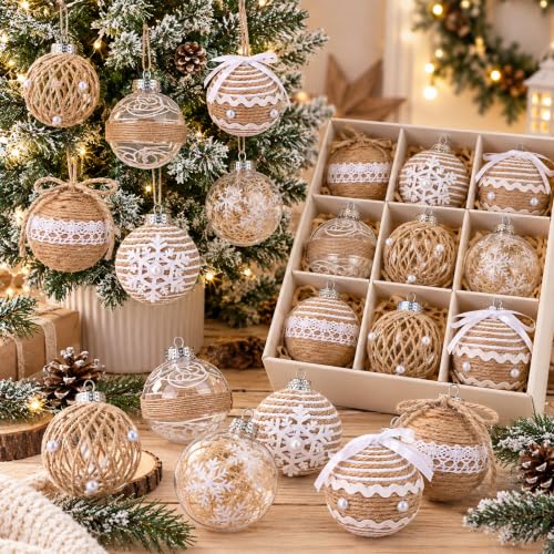 Syhood 24 Pcs Burlap Christmas Ball Ornaments 2.76' Rustic Farmhouse