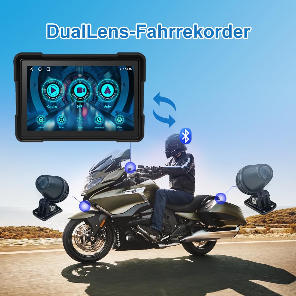 Motorrad Navi Navigationsgeräte Wireless CarPlay Android Auto Portable Motorräder mit Front und Rückansicht Recorder, 5 Zoll Touchscreen wasserdicht GPS Navigation für Motorrad mit 64GB TF-Karte