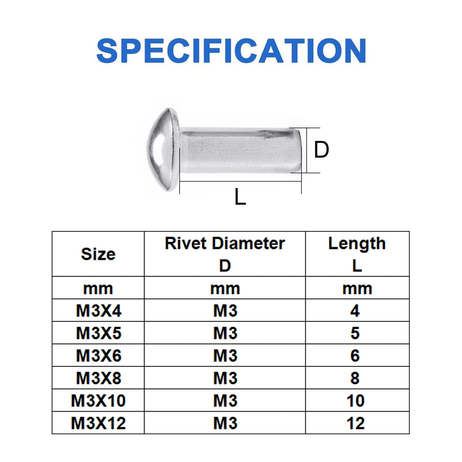 100 Pièces Rivets Massifs M3X45mm, Acier Inox Rivets Solides Tête Bombée
