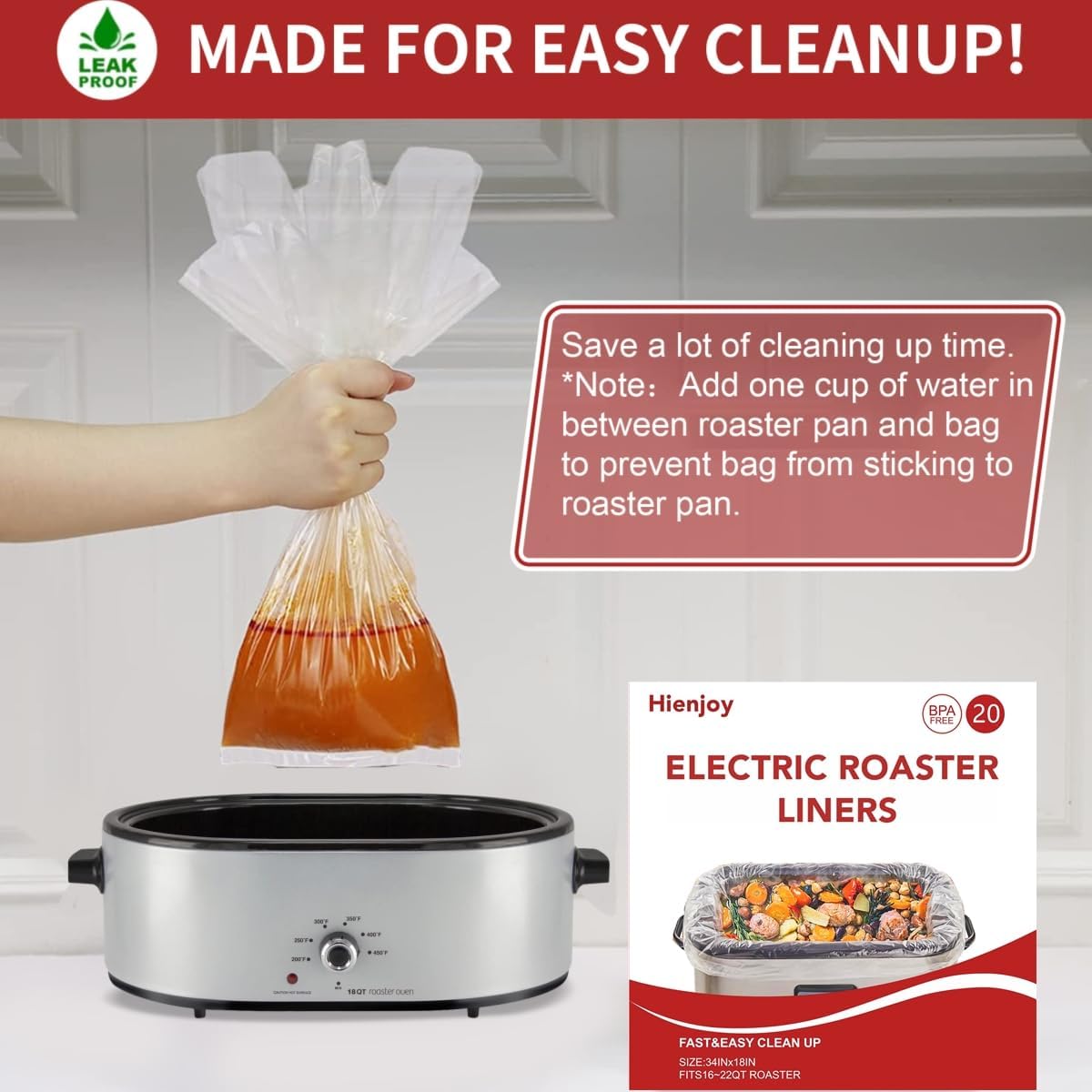 Electric Roaster Liners(20 Liners), 18" × 34" Disposable Roaster Liners Fit 16, 18, 22 Quart Roasters Cooking Bags for Instant Cleanup