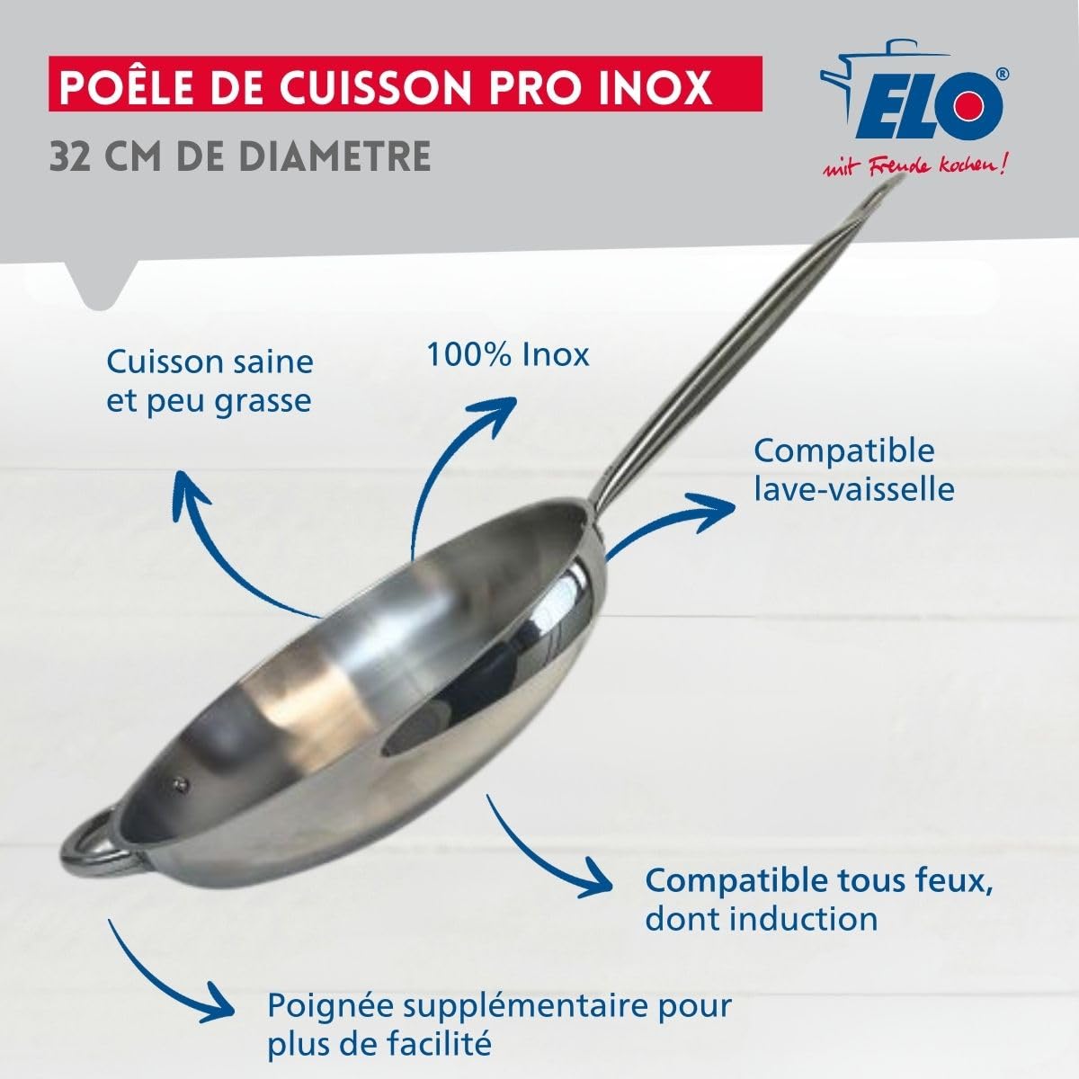 Elo 9903550 Lot de 3 poêles à frire inox 24 cm 28 cm et 32 cm, 2 poêles inox, à frire , de cuisine , Acier inoxydable, 24 cm 28 cm et 32 cm, Gris 7