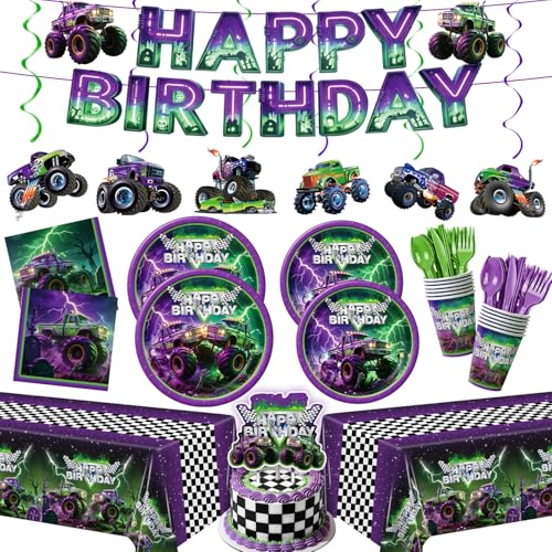 178pcs Monster Truck Plates Napkins Party Supplies Disposable Tableware Set Paper Cups Banner Tablecloth Cake Topper Hanging Swirls Monster Truck Birthday Decorations for Boys Birthday Decor 24 Guests