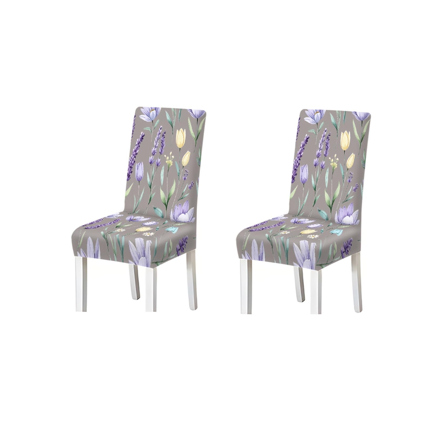 BOSUYBN Grey Lavender Tulip Wildflower Botanical Print Dining Chair Covers, Stretch Slipcovers For Home Kitchen Dining Room Party, 2/4/6PCS Furniture Protectors for Home Dining Room(2PCS Chair cover)