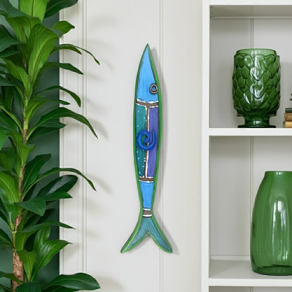 Hand-Painted Carved Wood Skinny Fish Wall Sculpture, 14", Vertical or Horizontal, Made in the USA (Green Border Version)