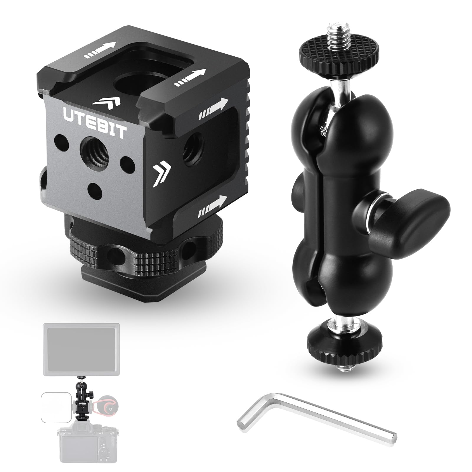 UTEBIT 3 Port Cold Shoe Mount with 1/4"-20 Thread , Cold Shoe Extension Bracket with 3.8" Magic Arm Dual 1/4 Screw Head Adapter 360° Rotatable, for