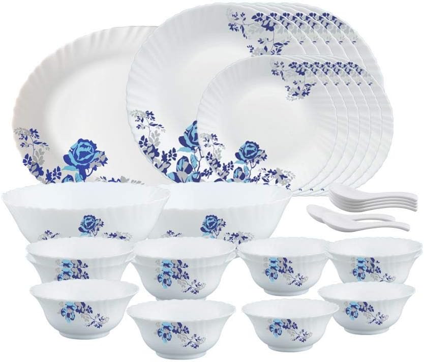 Larah by Borosil Fluted Series Blue Cascade Opalware Dinner Set | 33 Piece for Family of 6 | Microwave & Dishwasher Safe | Bone-Ash Free | Crockery Set for Dining & Gifting | Plates & Bowls | White
