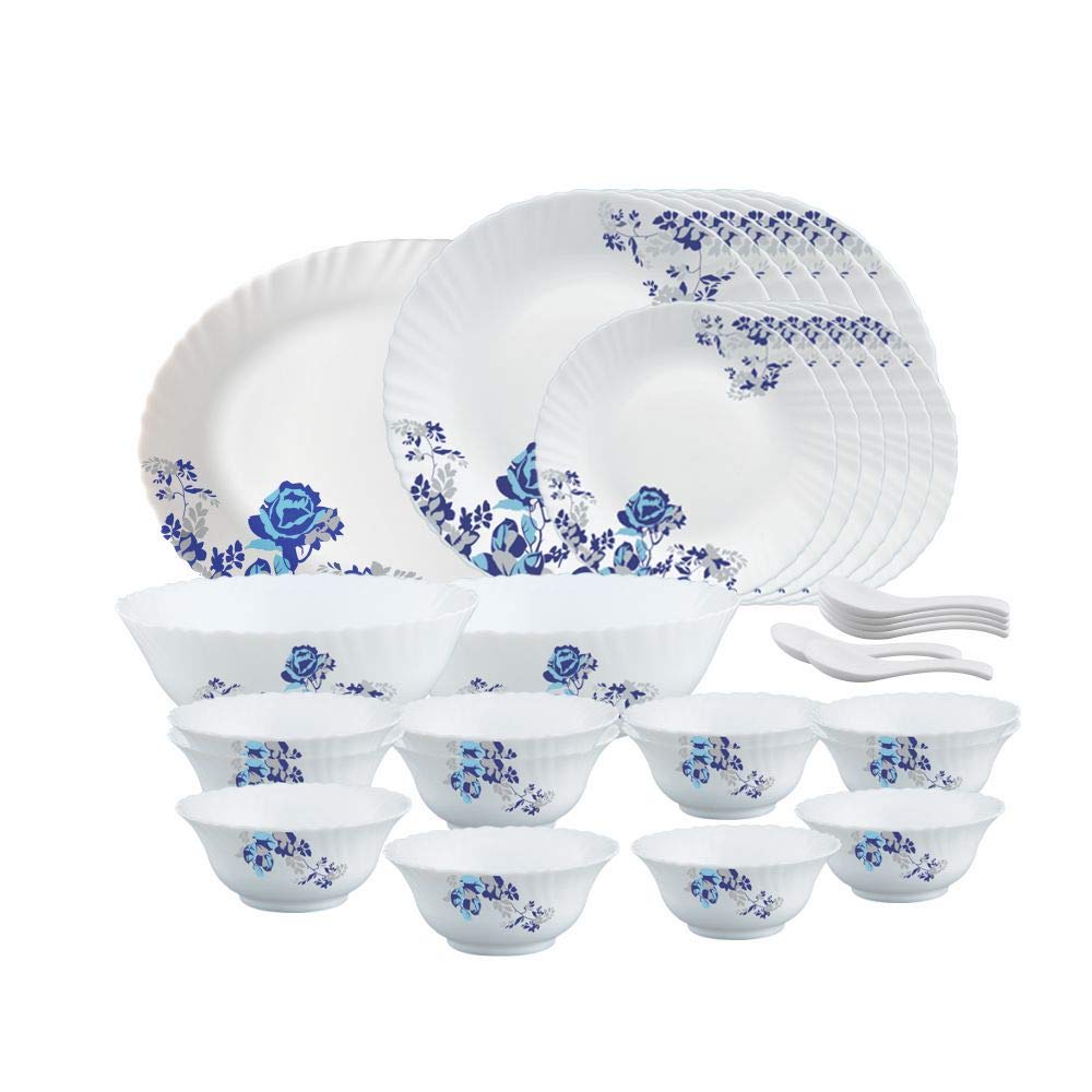 Larah by Borosil Fluted Series Blue Cascade Opalware Dinner Set | 33 Piece for Family of 6 | Microwave & Dishwasher Safe | Bone-Ash Free | Crockery Set for Dining & Gifting | Plates & Bowls | White