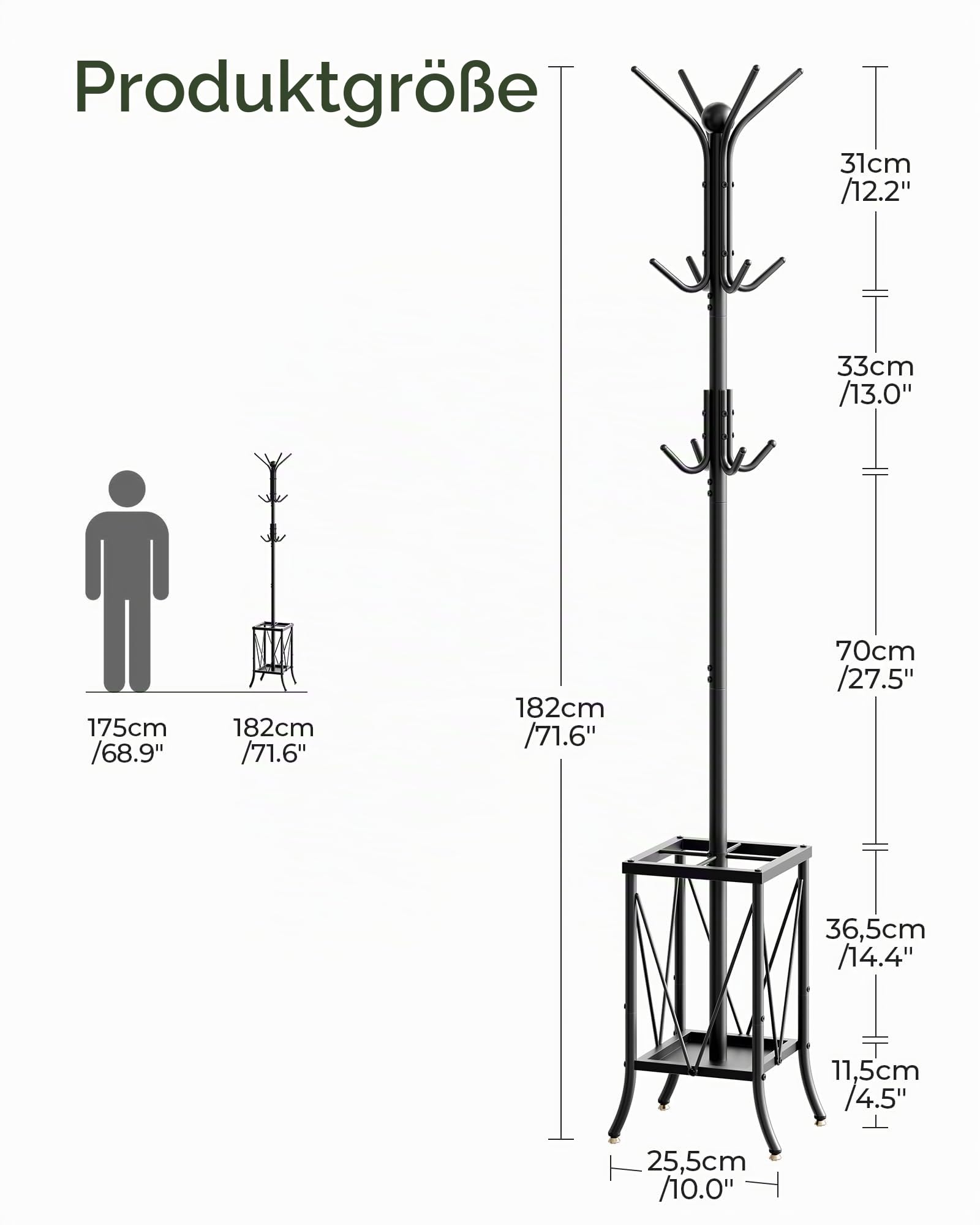 CHOEZON Garderobenständer, Kleiderständer mit Regenschirmständer und 12 Haken, freistehende Garderobe, Jackenständer aus Metal, für Eingangsbereich, Flur, Schlafzimmer, Büro, schwarz DTYM01BB
