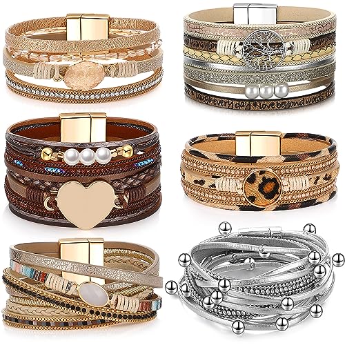 Yinkin 6 Pcs Boho PU Leather Wrap Bracelets for Women Stack Multi Layer Bohemian Cuff Bracelets trendy Jewelry Gifts