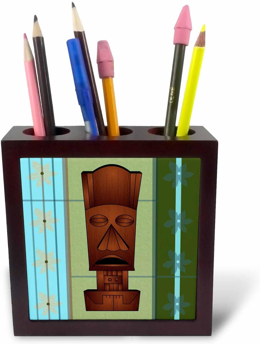3dRose ph_77493_1 Wood Grain Tropical Tiki Mask-Hawaiian Flowers Orange Blue and Green-Tile Pen Holder, 5-Inch