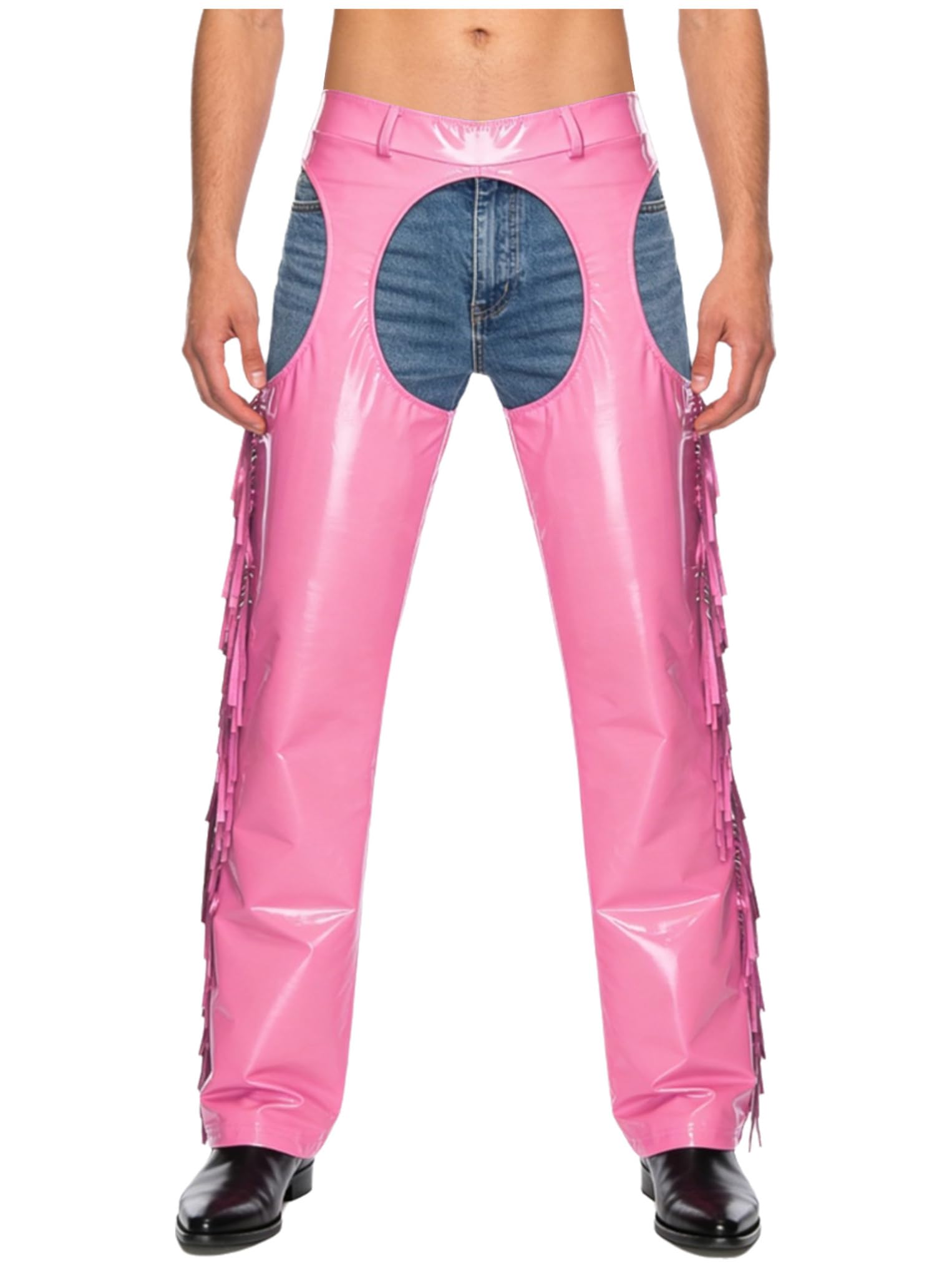 Oyolan Chaps for Mens Pu Leather Glossy Hollow Out Cowboy Assless Chaps Trousers Fringe Motorcycle Pants Pink M