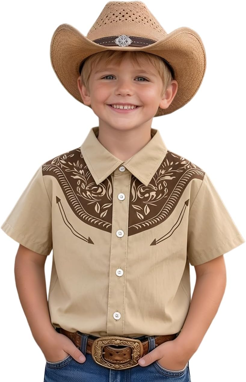 KEKEMI Cowboy Shirts for Kid Toddler Boys Western Retro Button-Down Shirt Rodeo Farm Country Summer Vintage Short Sleeve Tops