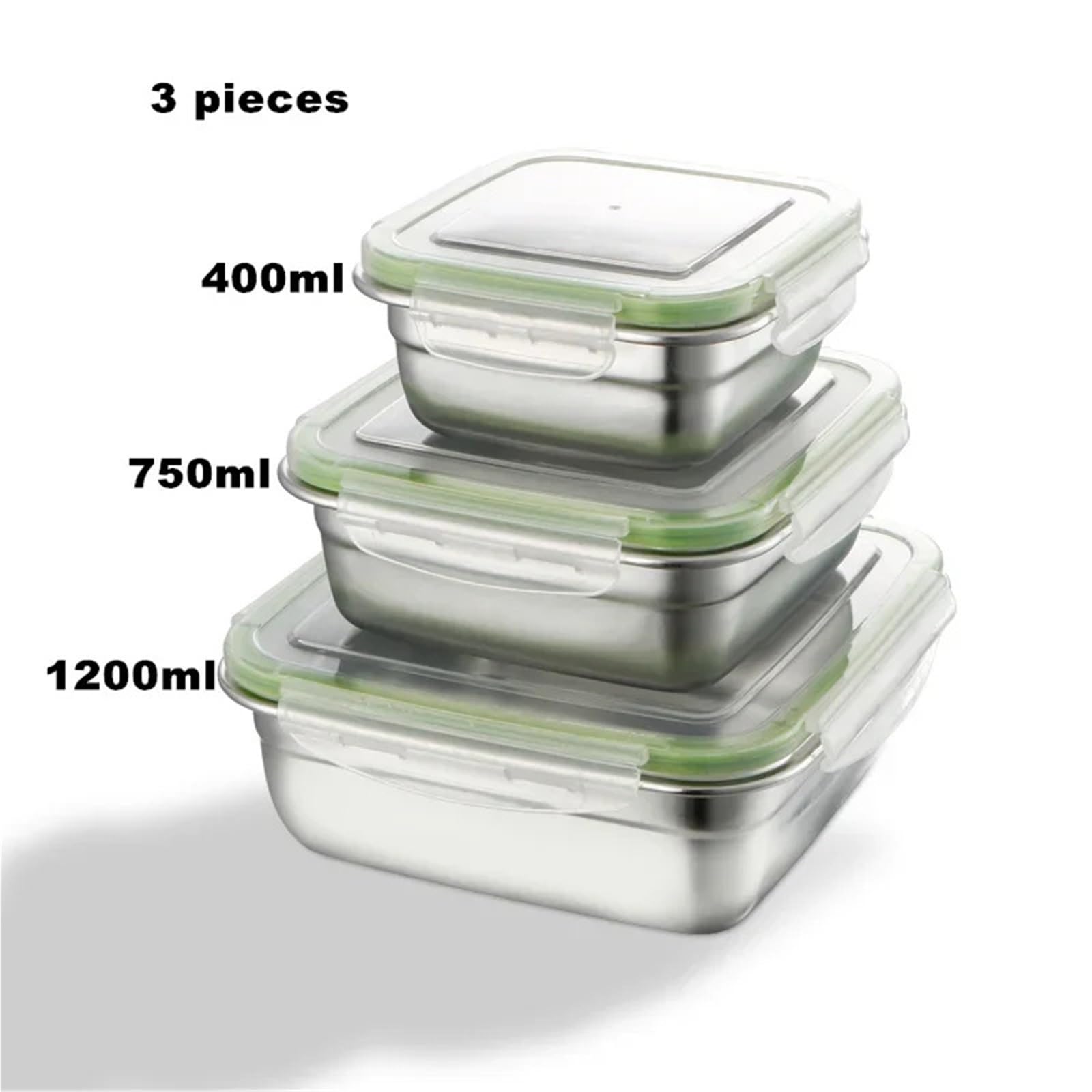 Set di 3 contenitori per alimenti in acciaio inox, quadrati, con coperchio, 400 ml, 750 ml, 1200 ml, per conservare i pasti (3 pezzi)