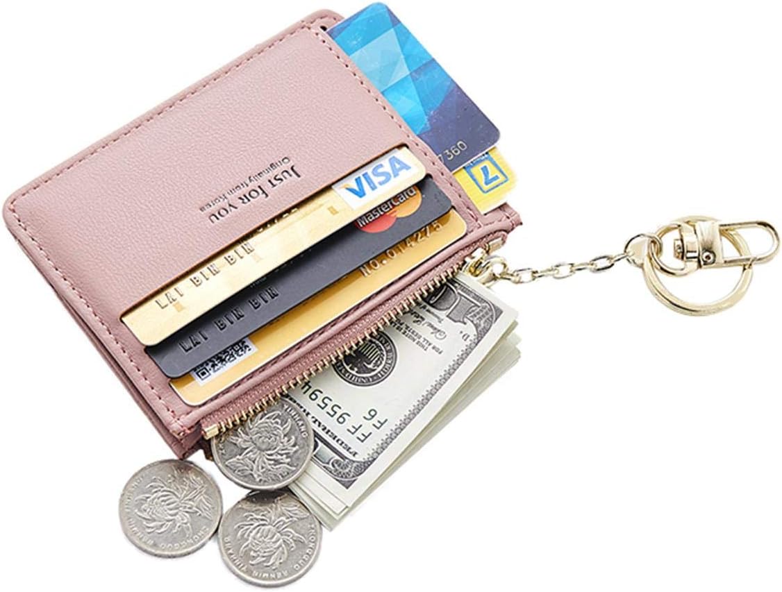 Small Wallets for Women, Slim Pocket Wallet Lady Mini Purse Leather Card Case Short Wallet with Keychain (A-Pink)