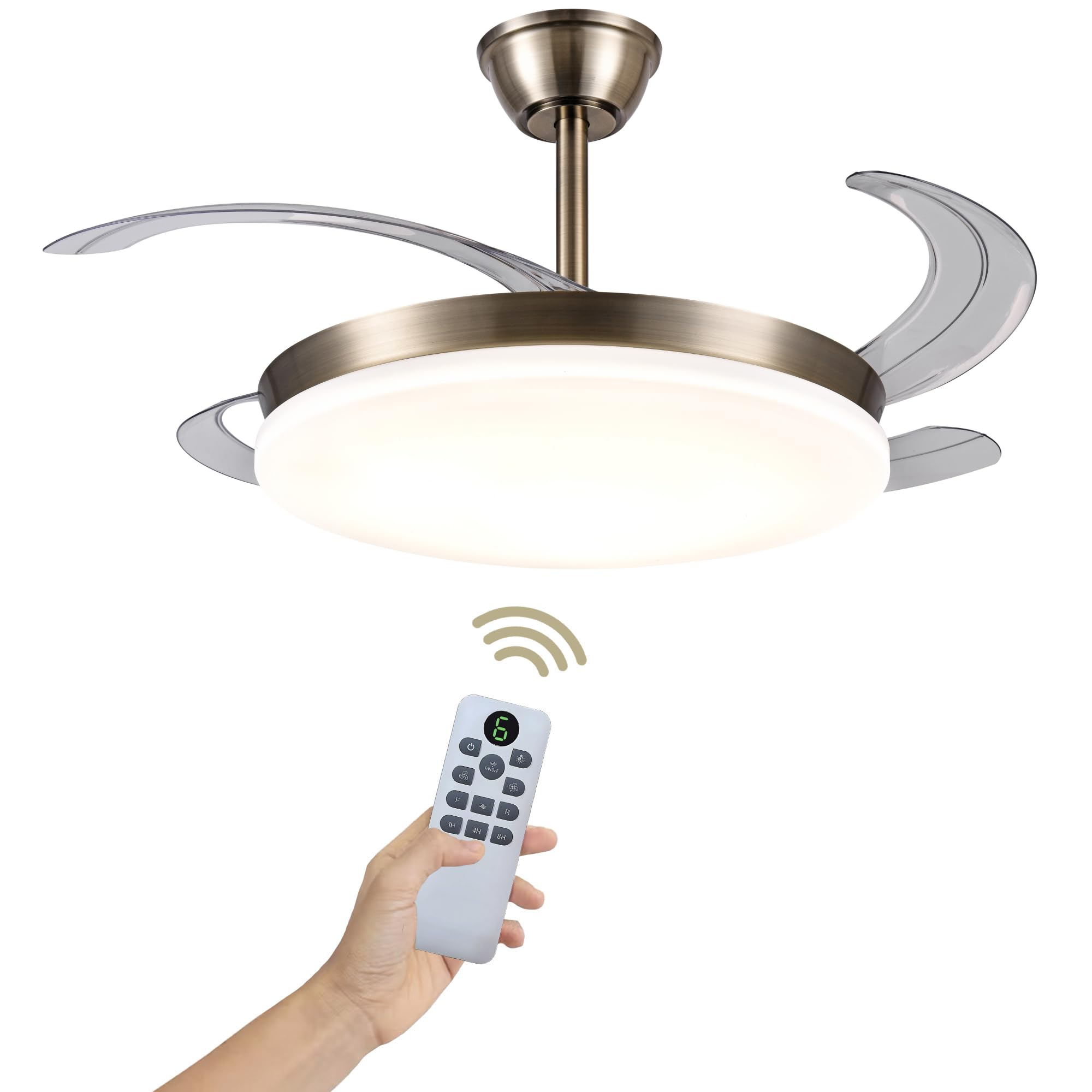 Ceiling Fan LED Light 72W Retractable and Silent – Folding Fan Lamp Blades with 3 Light Shades (3000-4000-6000K) – 6 Speeds, Memory, Summer Winter Mode, Ø92 cm