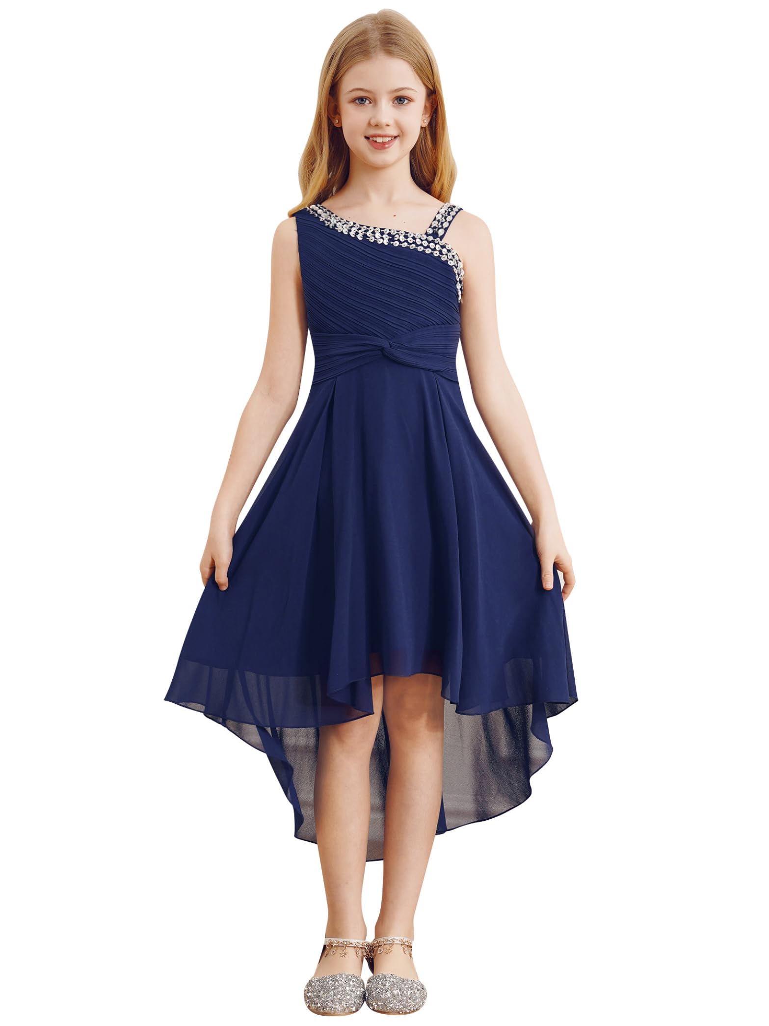 Hedmy Vestido Gasa de Elegante para Niña Vestido Asimétrico de Dama de Honor sin Manga con Lentejuelas Vestido de Graduación 5-16 Años