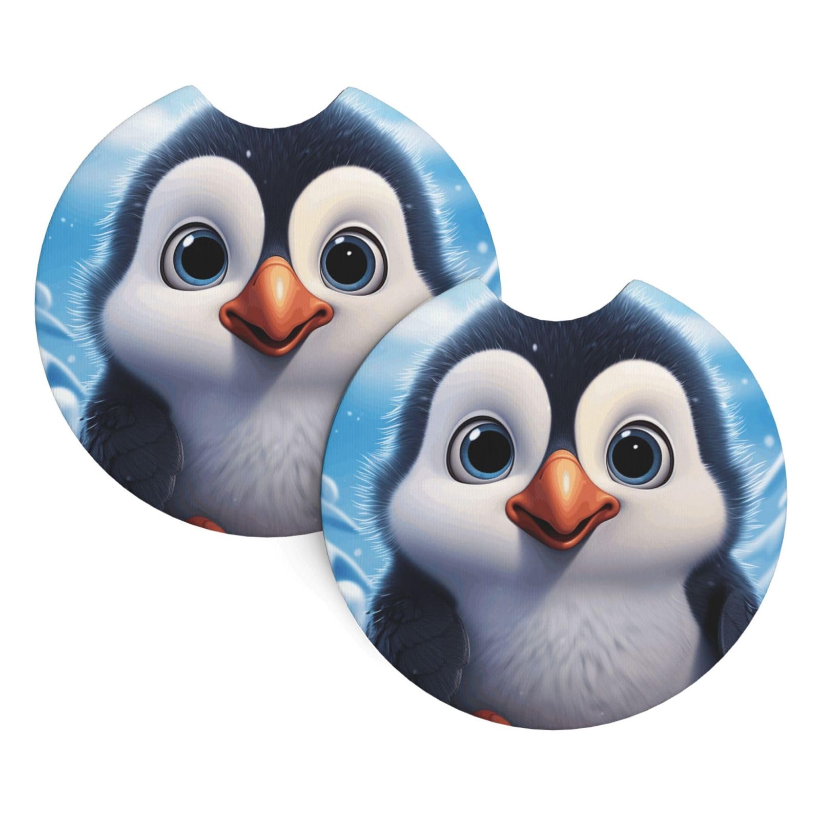 2PCS Car Coaster for Cup Holders Universal Auto Cup Mat Cartoon Cute Penguin Cup Coaster Pad 2.7" Waterproof Neoprene Non-Slip Cup Holder Coasters Car Interior Accessories for Women Men