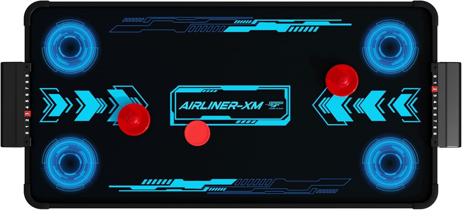 Carromco Airliner-XM Air Hockey, Jeu de Table avec Ventilateur et Moteur pour 2 Joueurs, 4 poussoirs et 4 palets Inclus