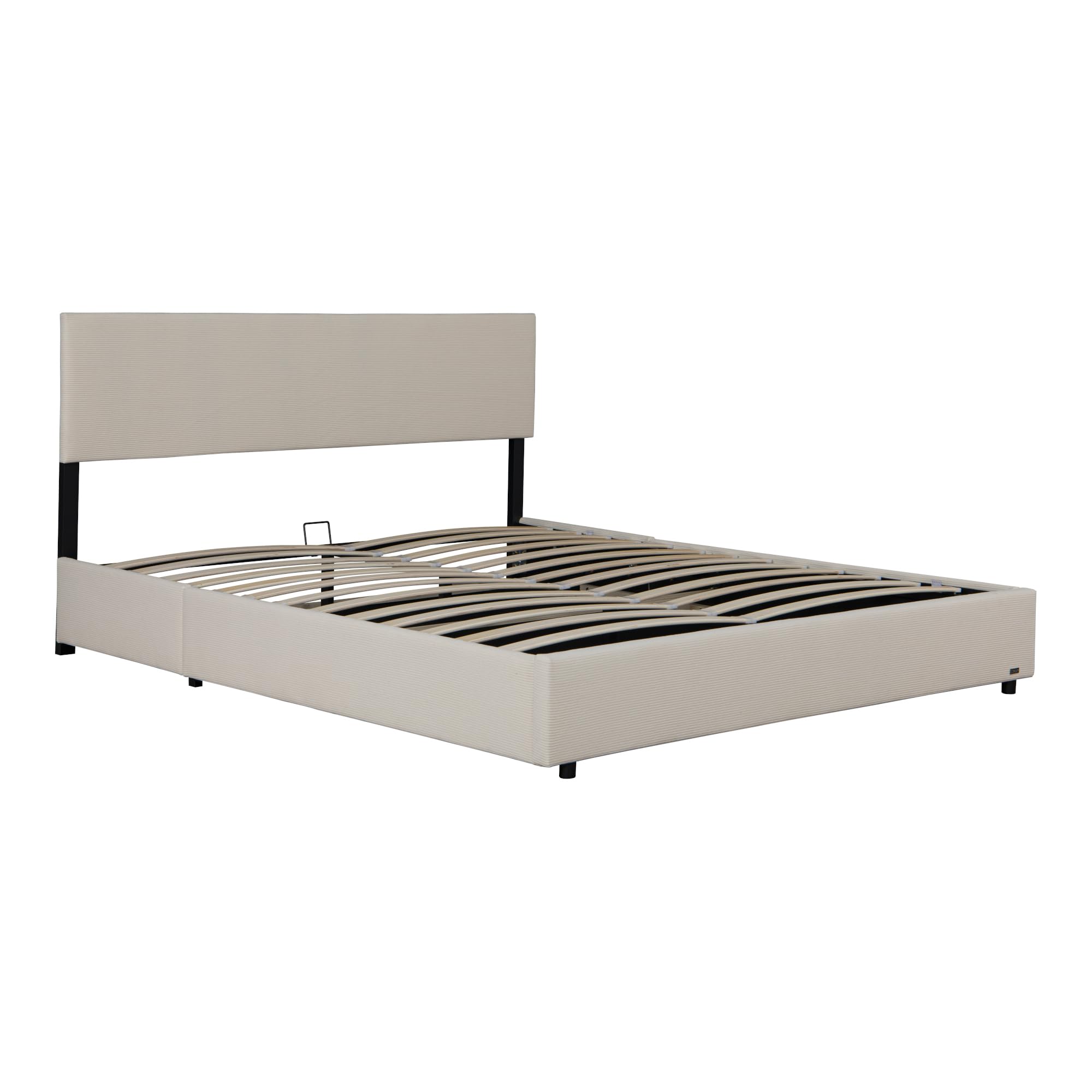 Corium Letto Contenitore con Apertura a Ribalta Letto Matrimoniale 160x200 cm Struttura a 2 Piazze con Spazio di Stoccaggio e Testiera Rivestimento in Velluto a Coste - Beige