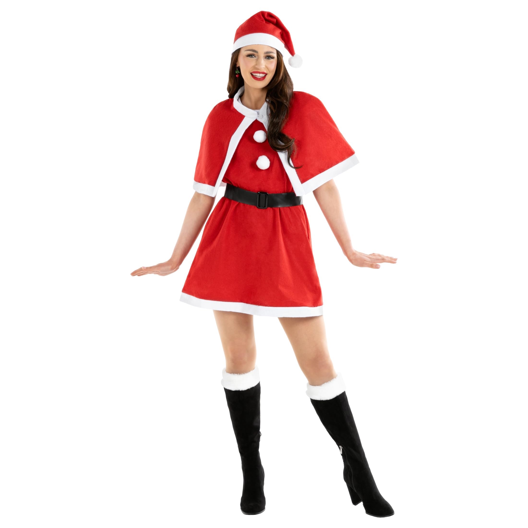 Fun Shack Costume Babbo Natale Donna, Costume Halloween Donna | Vestito Rosso, Mantello, Cintura Nera & Cappello, Stile Natalizio, Perfetto per Halloween, Ideale per Travestirsi