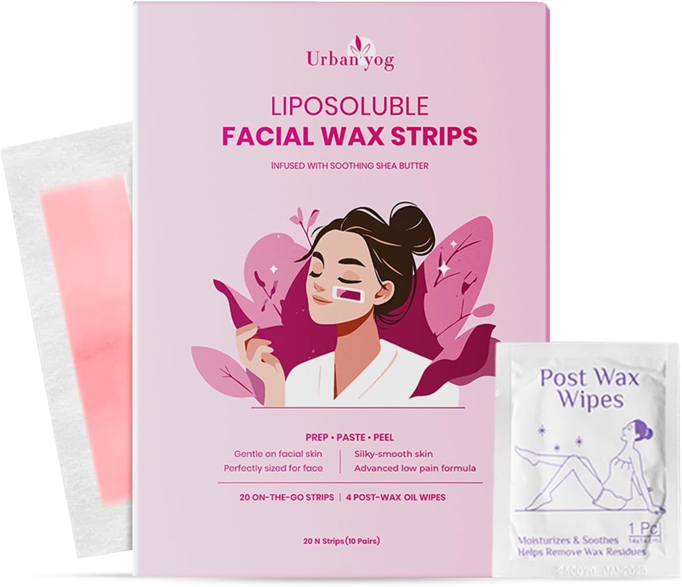 Urban Yog Small Liposoluble Facial Wax Strips for Women - 20 Wax Strips + 4 Post-Wax Wipes | Gentle Facial Hair Removal Face Wax Strip for Upper Lip, Eyebrows, Chin, Sidelocks
