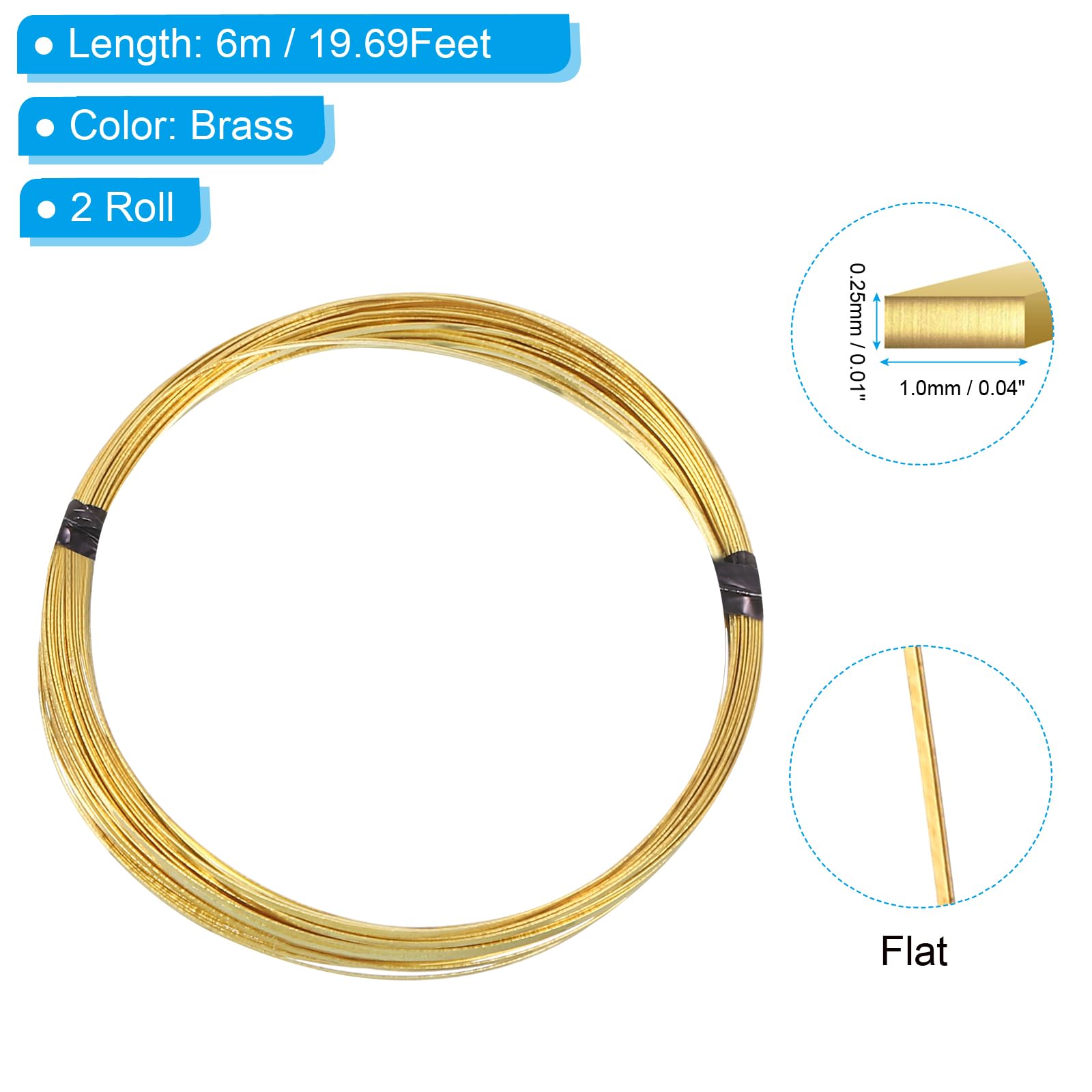 PATIKIL 30Gauge/0.25mm 1mm Width 19.69 Feet Flat Brass Wire, 2 Rolls, Gold, DIY Jewelry Making Earring Wrapping Art Crafts Decoration - Image 2