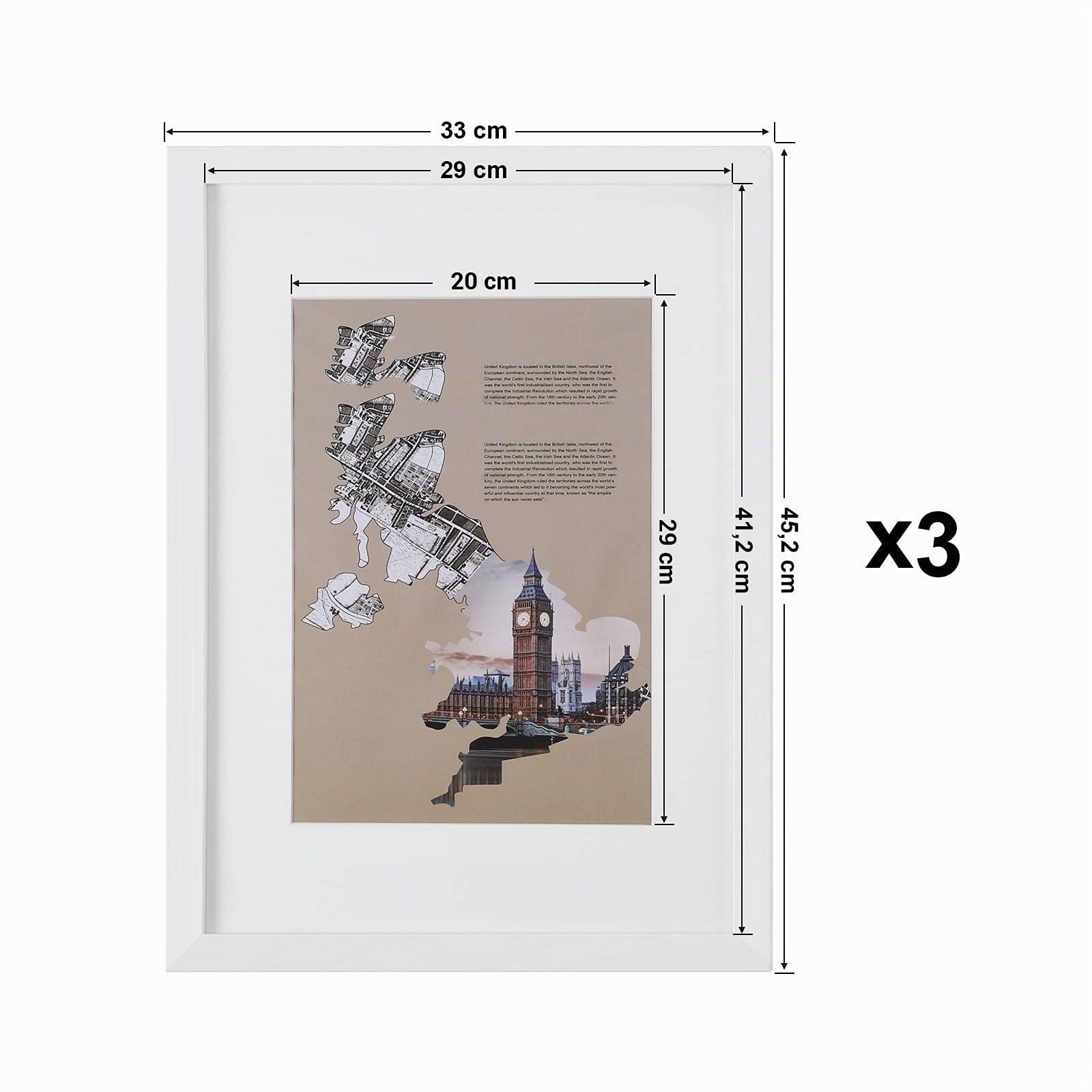 SONGMICS Set de 3 Marcos de Fotos, A3 (29,7 x 42 cm) sin Paspartús, 20 x 25 cm con Paspartús, Portafotos de Madera con Vidrio Frontal, para Hogar, Oficina, Blanco RPF03WT