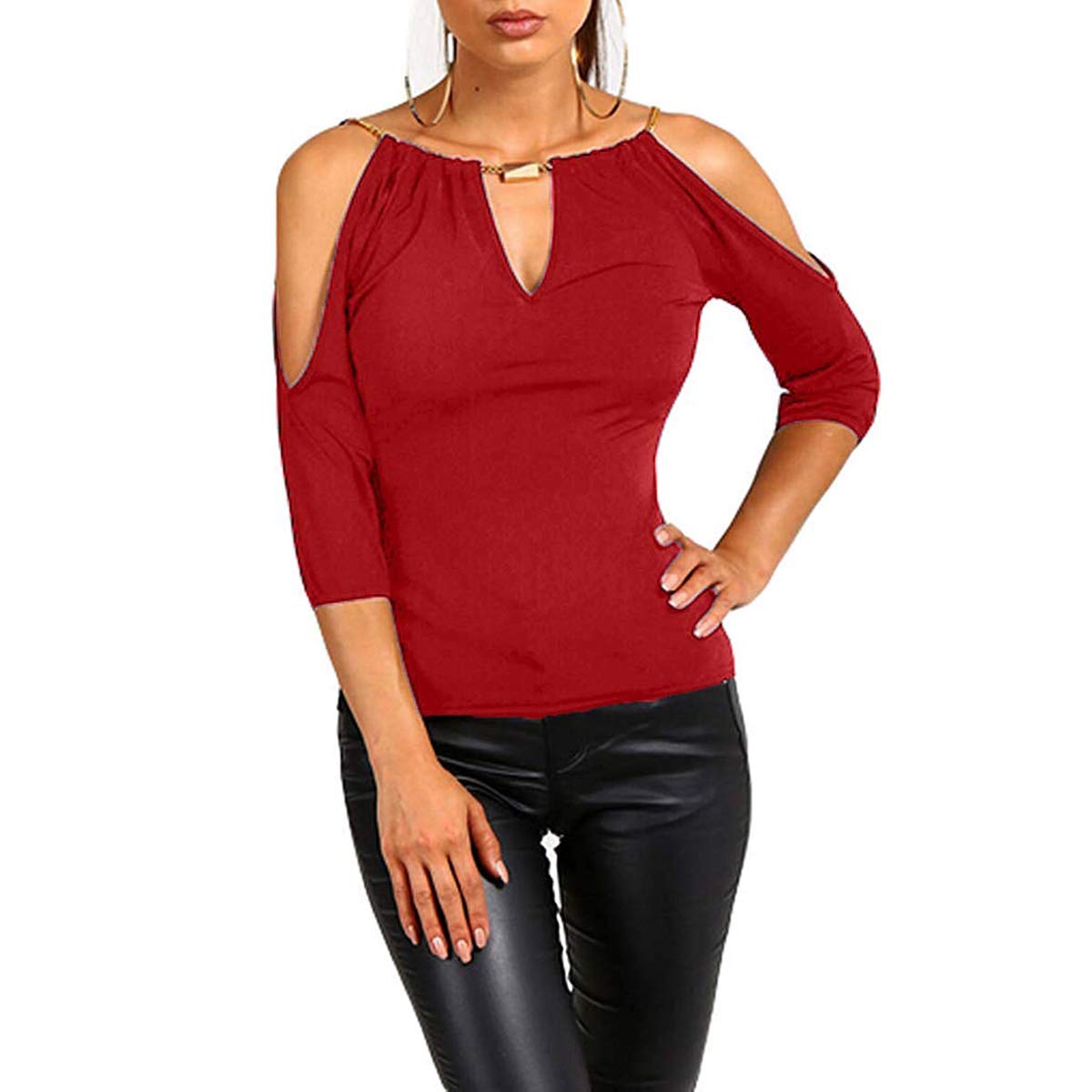 Springcmy Women Open Cold Shoulder V-Neck Slim Fit Half Sleeve Club Party Tee Shirt Blouse Tops
