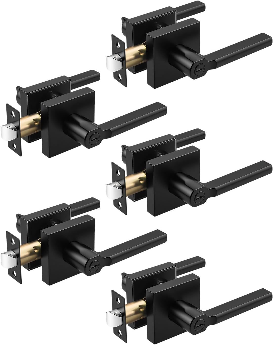5 Pack Square Privacy Matte Black Door Levers Locksets, Bed/Bath Door Levers Keyless Interior Handles, Reversible for Right & Left Sided Doors Modern Style