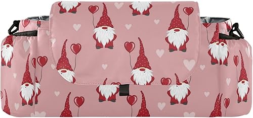Long Stroller Organizer Valentines Day Cute Gnomes Hearts Holiday Pink Stroller Caddy Organizer With Non-Slip Shoulder Strap & Stroller Accesorios