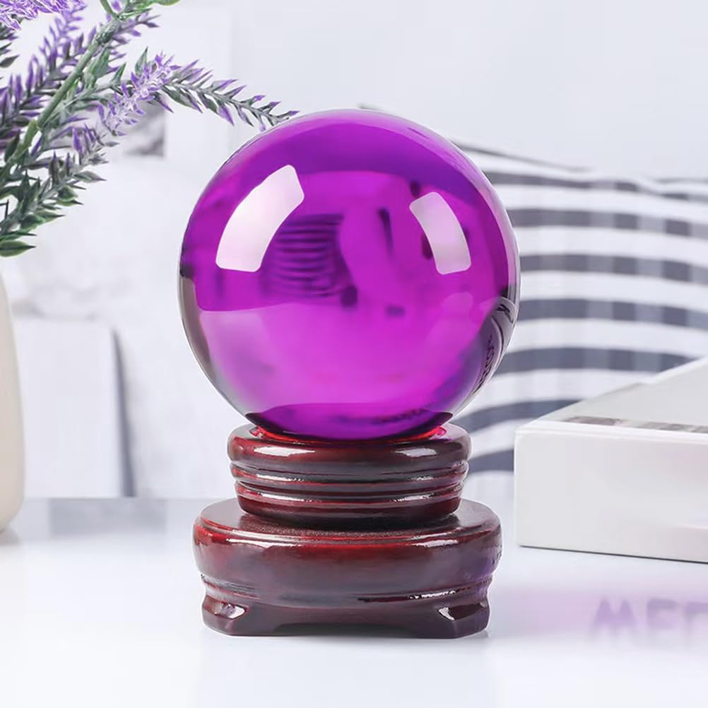 AARTERZZA Purple Crystal Ball for Photography,Transparent Ornaments,Feng Shui Scrying Sphere with Wooden Stand for Home, Office & Halloween Decor,7.9"(20cm)