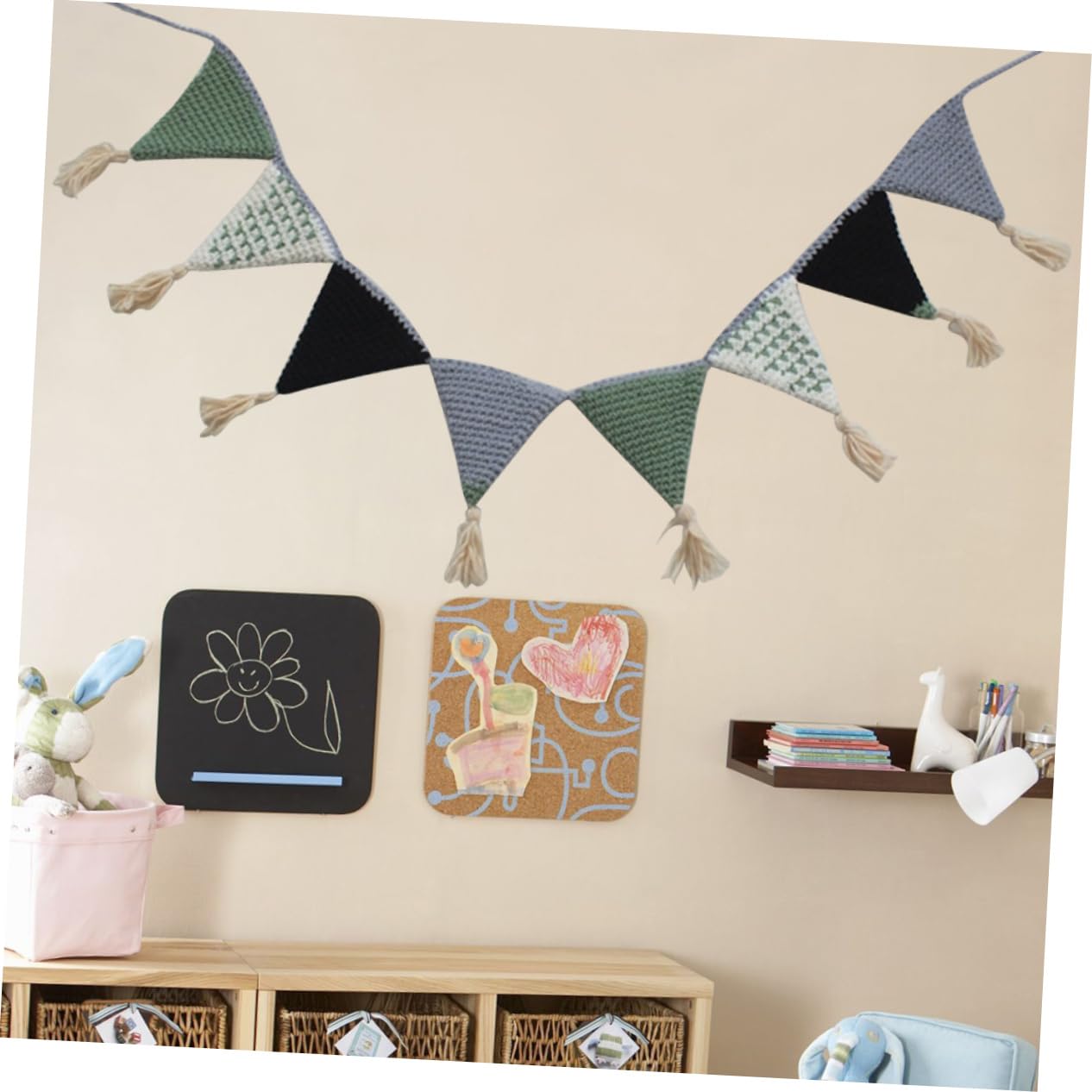 Toyvian 2piezas Guirnalda De Banderines De Algodón Mano Para Decoración De Cumpleaños y Shower Banderines Triangulares Para Habitaciones Infantiles Verde