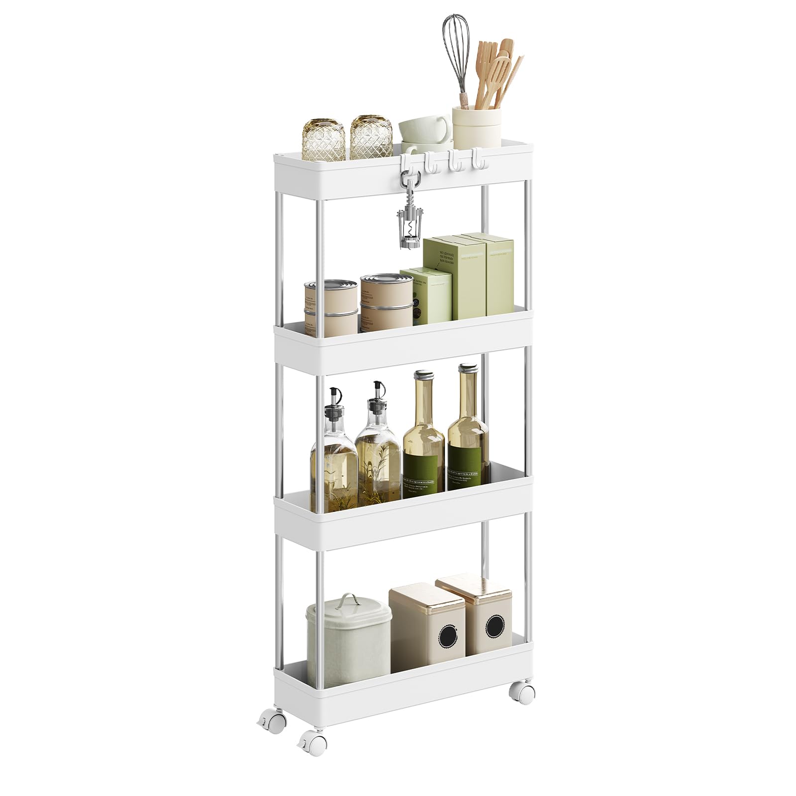 WOLTU Carrello da Cucina a 4 Ripiani, Carrello Portaoggetti con Ruote e 4 Ganci, Carrellino Salvaspazio per Cucina, Bagno e Lavanderia, in Plastica e Metallo, 41,5 x 86 x 13,5 cm, Bianco
