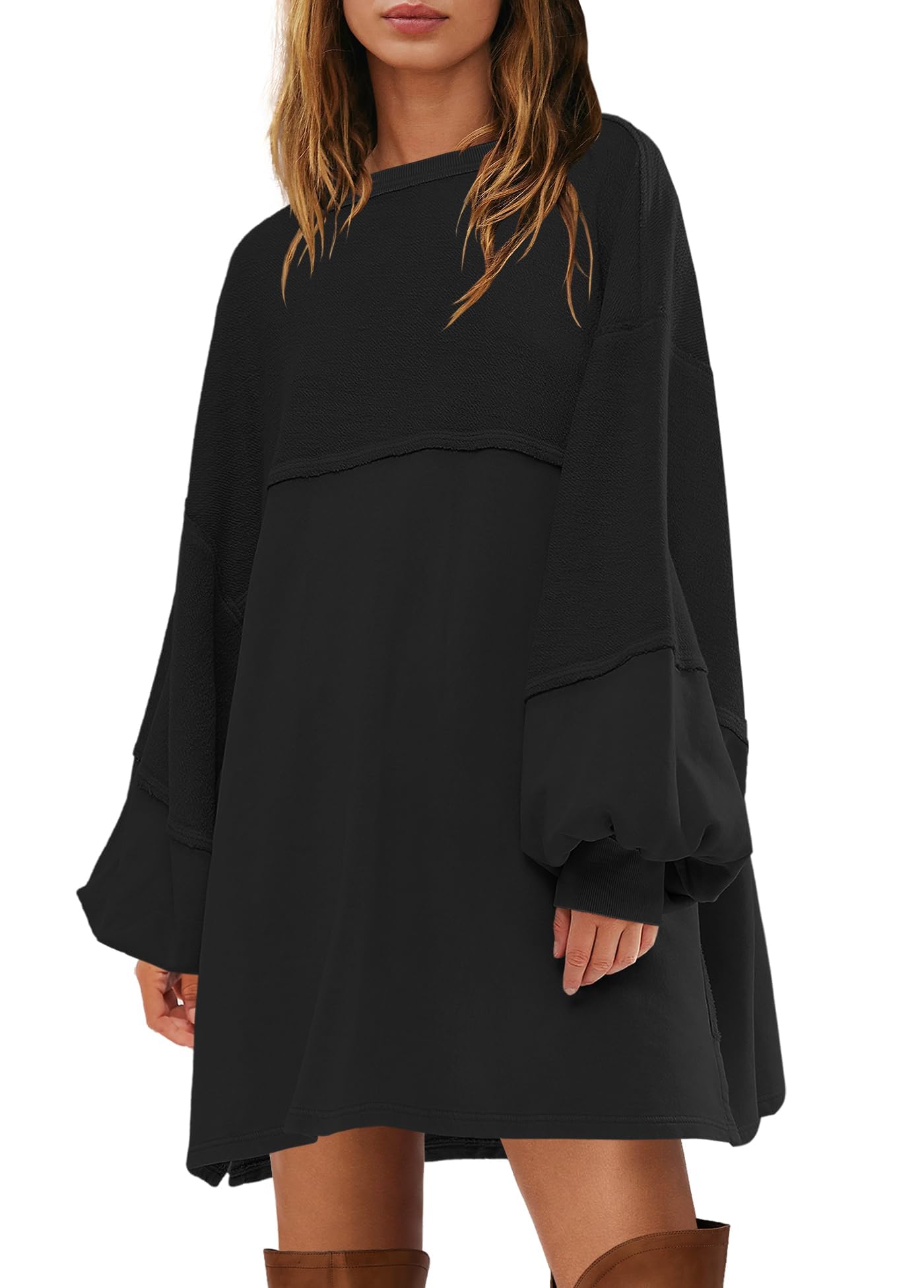 Damska bluza z luźnym krojem z puff sleeves and contrast panel, klasyczny sweter z okrągłym dekoltem