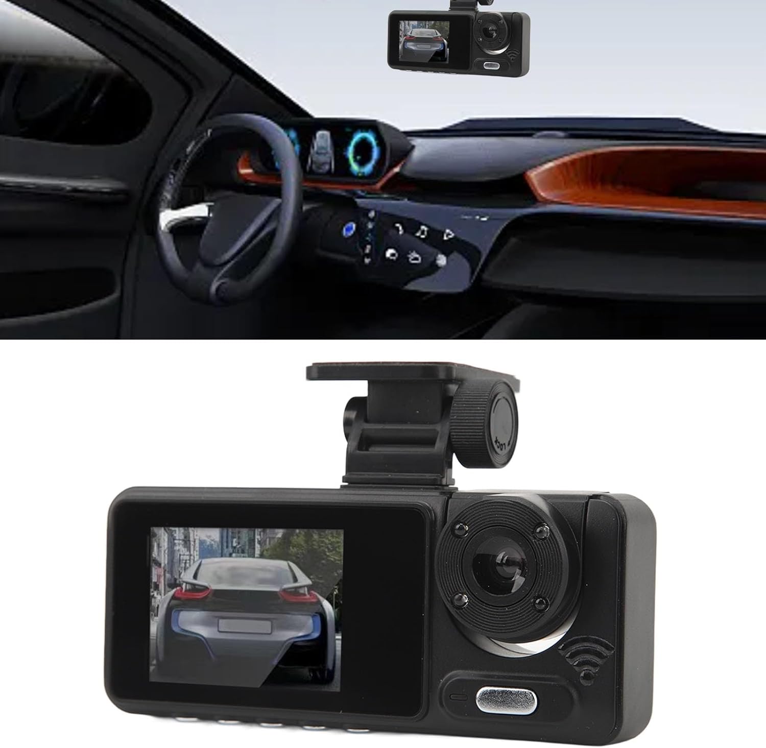 Dash cam mounted in car interior