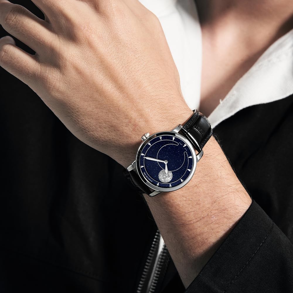 agelocer Mechanische Automatikuhr für Herren, New Moonphase, 40 mm, 3D-Zifferblatt aus blauem Sandstein, 80H Gangreserve, Saphirglas, Krokodillederarmband