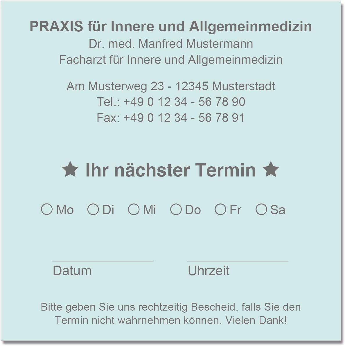 500 Terminzettel Terminkarten nächster Termin mit Ihrer Adresse personalisiert in praktischer Zettelbox mit Stiftehalter 10 x 10 cm (hellblau)