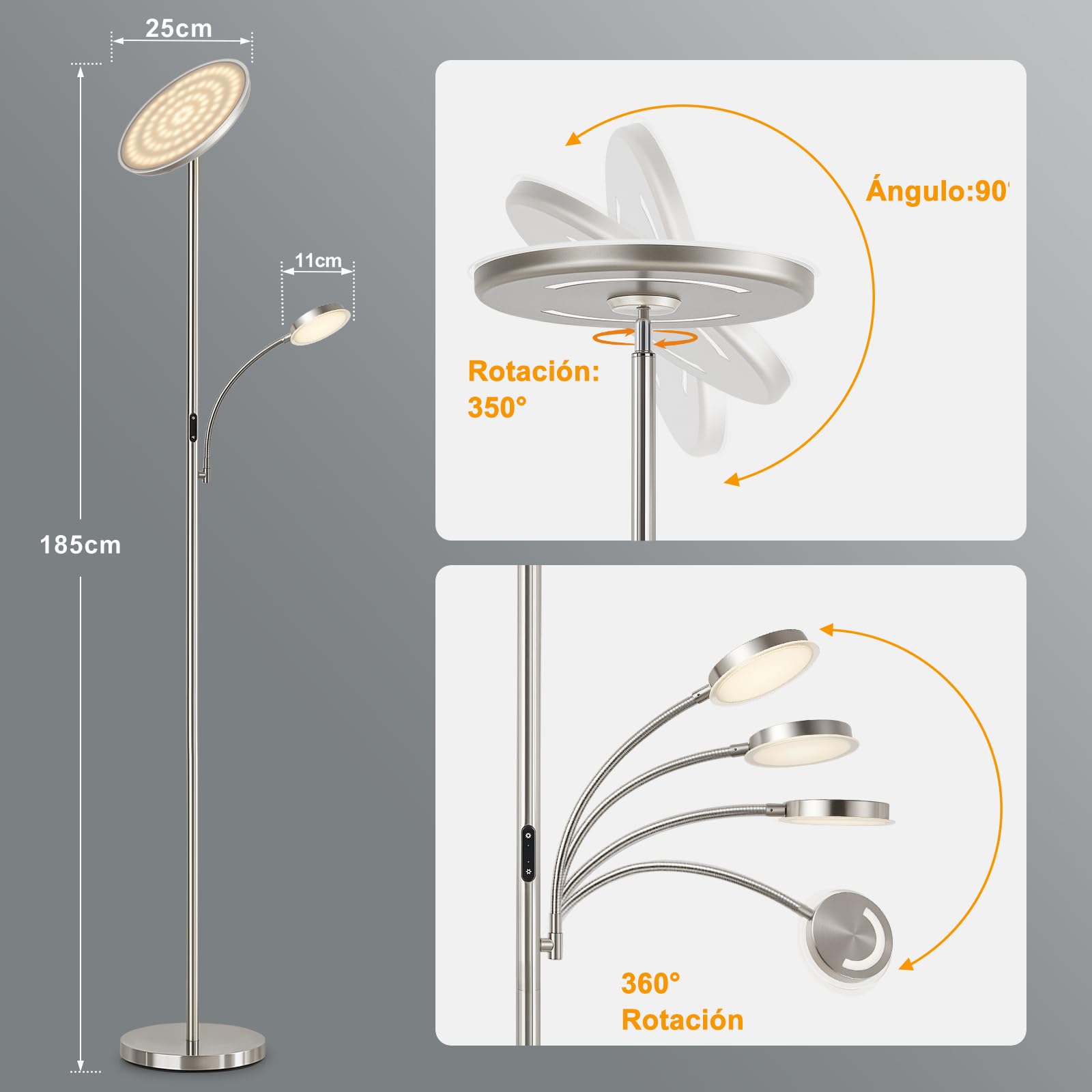 GyroVu Lámpara de pie LED regulable 2 en 1, lámpara de pie con mando a distancia y control táctil, temperatura de color de 3000 K a 6500 K, lámpara de pie moderna para salón, dormitorio y oficina