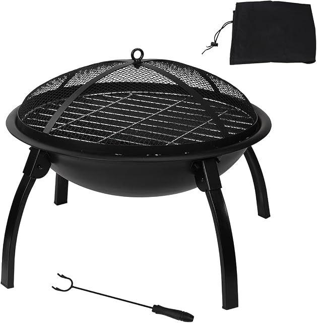 DAWOO 55cm Fire Pit for Outside Outdoor Wood Burning Small Bonfire Pit Steel Firepit Bowl for Patio Camping Backyard Deck Picnic Porch,with Spark Screen,Log Grate,Poker