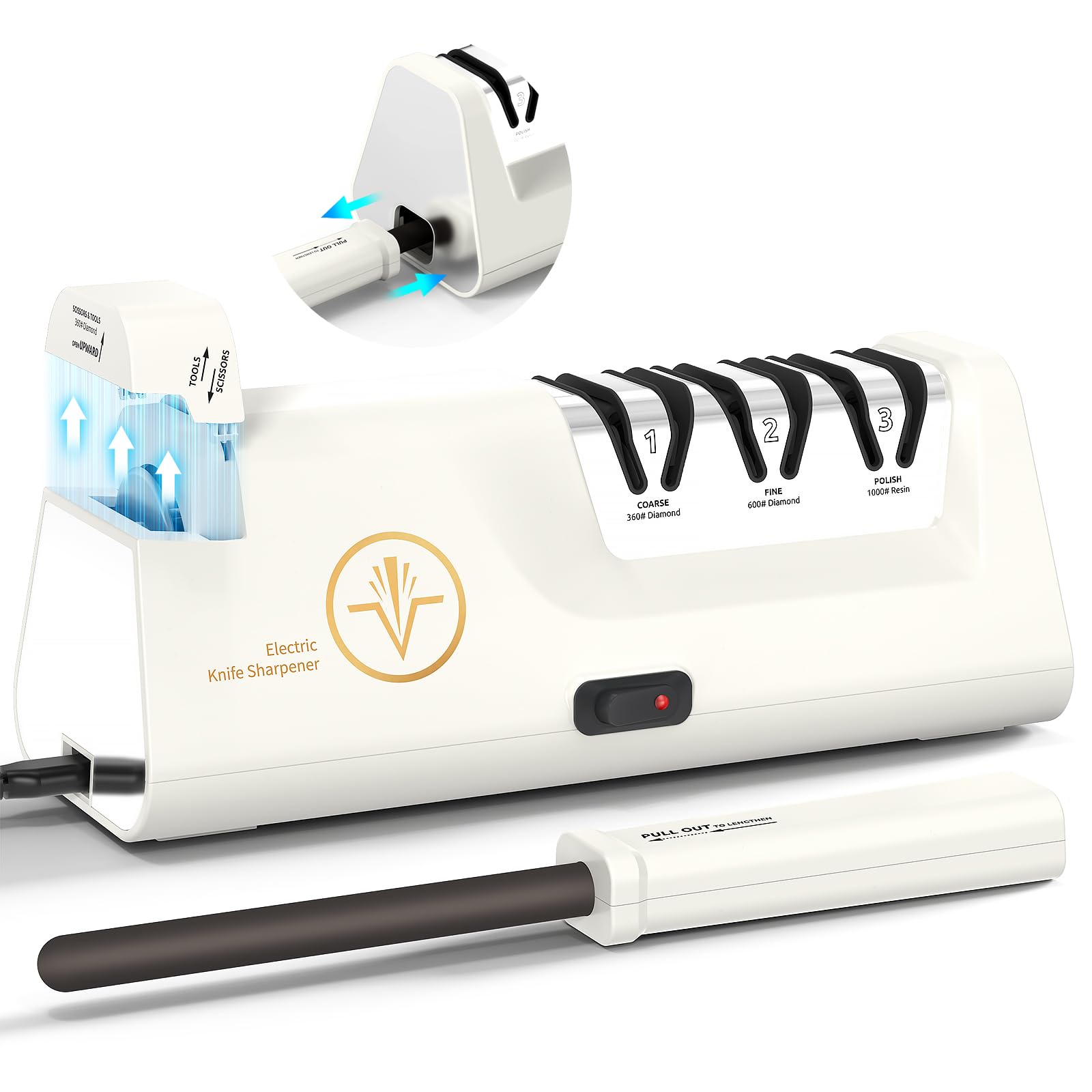 Professional Electric Knife Sharpeners with Diamond Abrasives and Precision Angle Guides, Multifunctional 4-Stage Slots and a hidden Knife Sharpener Rod, Suitable for various knives, scissors, axes