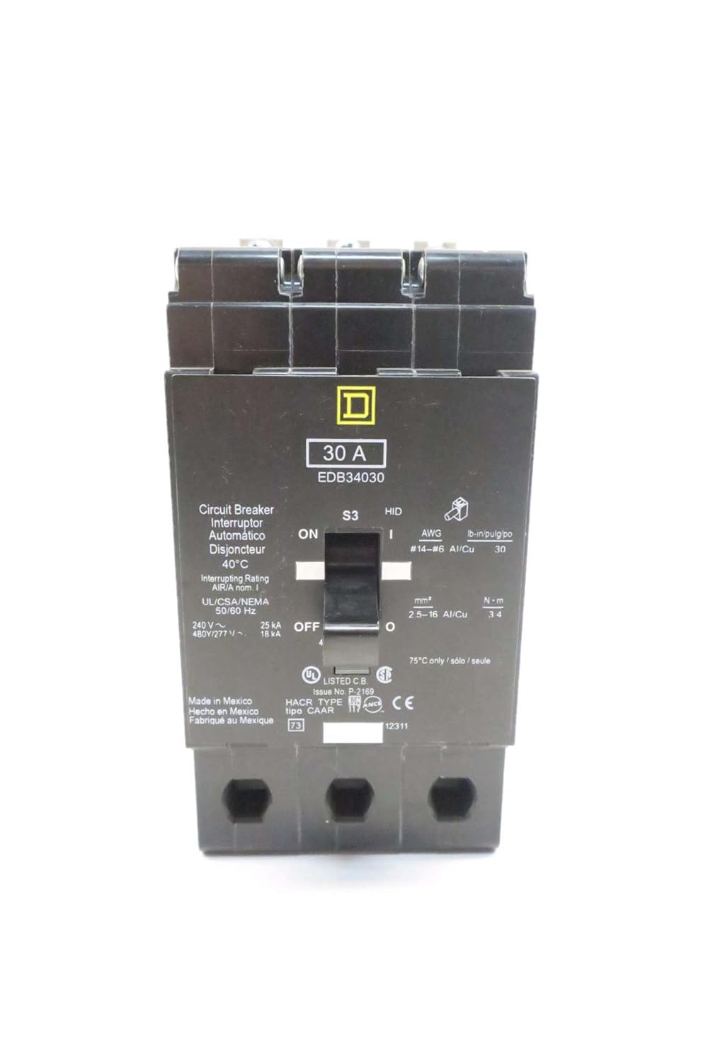 SQUARE D EDB34030 3P 30A AMP 480V-AC MOLDED CASE CIRCUIT BREAKER D538685