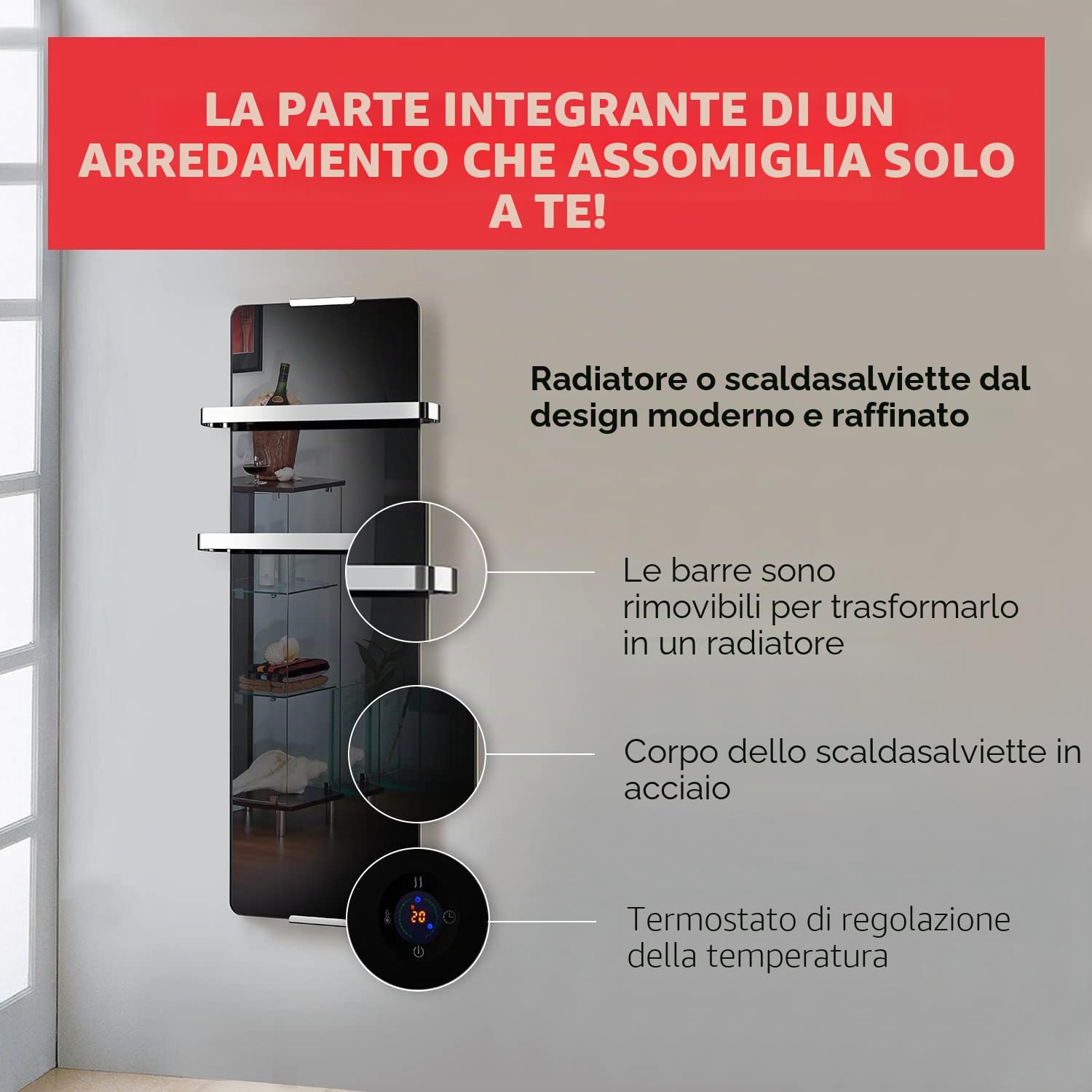 CHEMIN'ARTE Scaldasalviette riscaldato electtrico 1200W - Radiatore verticale - 120 x 6 x 46 cm - IP24 - bianco - Design moderno, kit di installazione