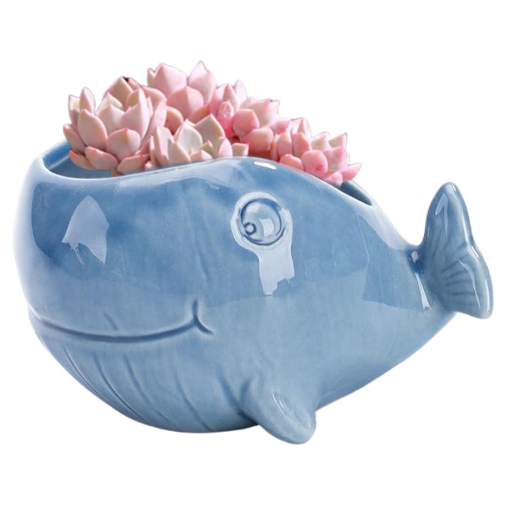 Ginwrek Small Ceramic Pots Succulent Pot, 4.3x2.8x3 Inch Ocean Blue Fish Ceramic Flower Pots with Drainage Hole, Decorative Desktop Bonsai Pot for Succulents, Style 2
