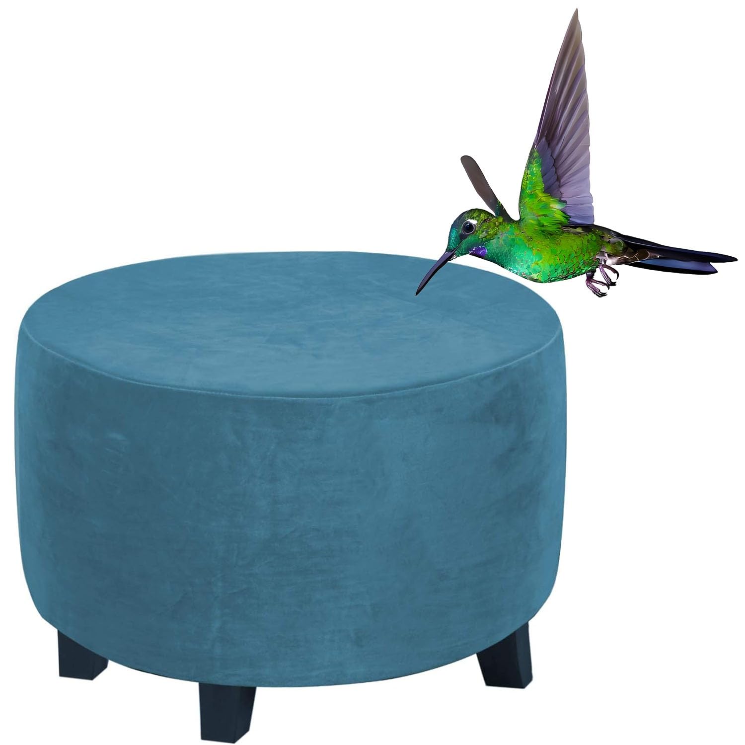 Rtsfkfs Peacock Blue Round Velvet Ottoman Slipcover, Stretch Luxury Velvet Footstool Slipcover, Stool Protector Covers With Elastic Bottom, Dustproof Removable Washable Footrest Pouffe Covers(,32"(80-84Cm))